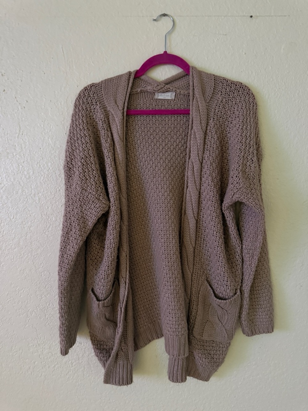 Altar’d State Brand Cozy Taupe Open-Front Cable Knit Sweater